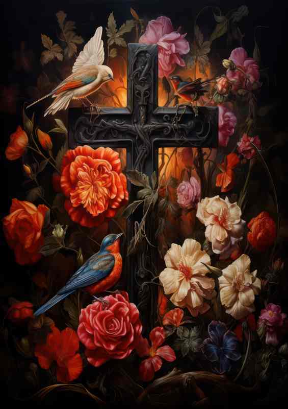Cross & Nature Birds & Flowers Metal Poster