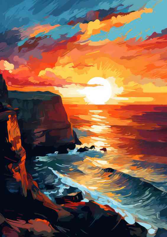 Setting sun over the sea and cliff tops | Metal Poster