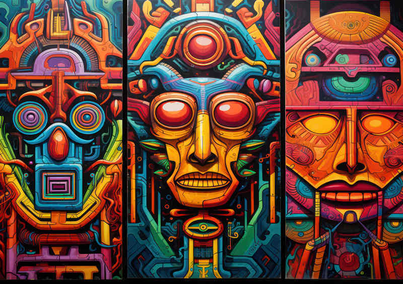 Three Amazing colourful aztec style faces | Metal Poster