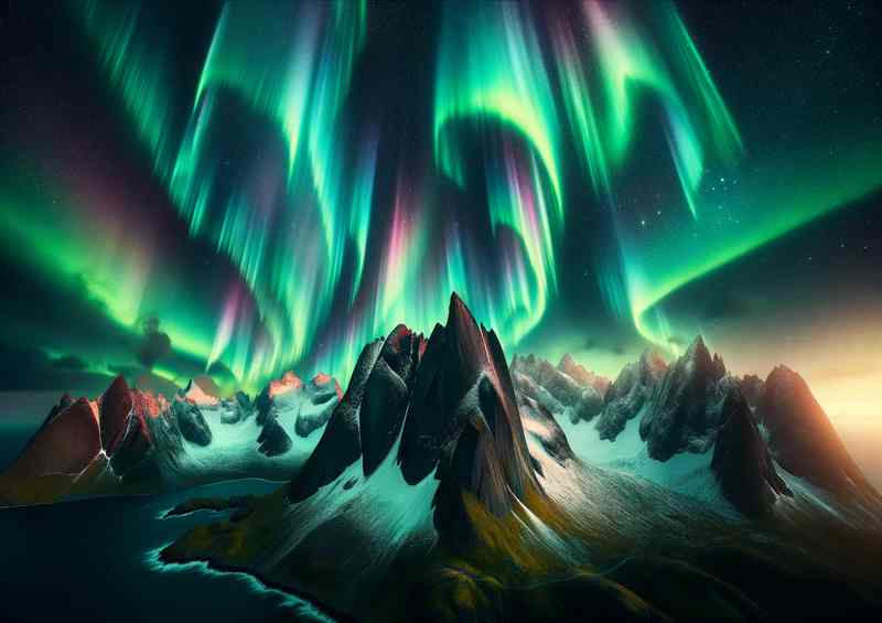 Aurora Borealis in full splendor towering mountains | Metal Poster