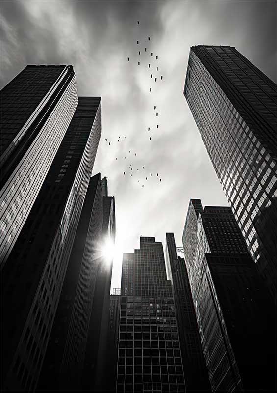 Flying over new york skyscrappers | Metal Poster