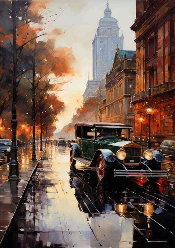 New York painted effect street scene with old car | Metal Poster