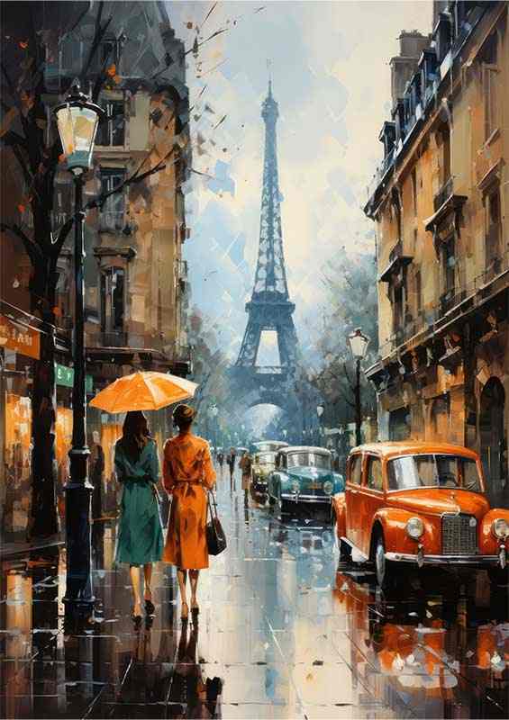 Paris Street Scene with Eiffel Tower | Metal Poster