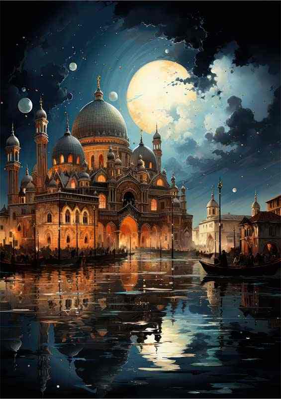 Venice A view from the water with the moon reflecting | Metal Poster