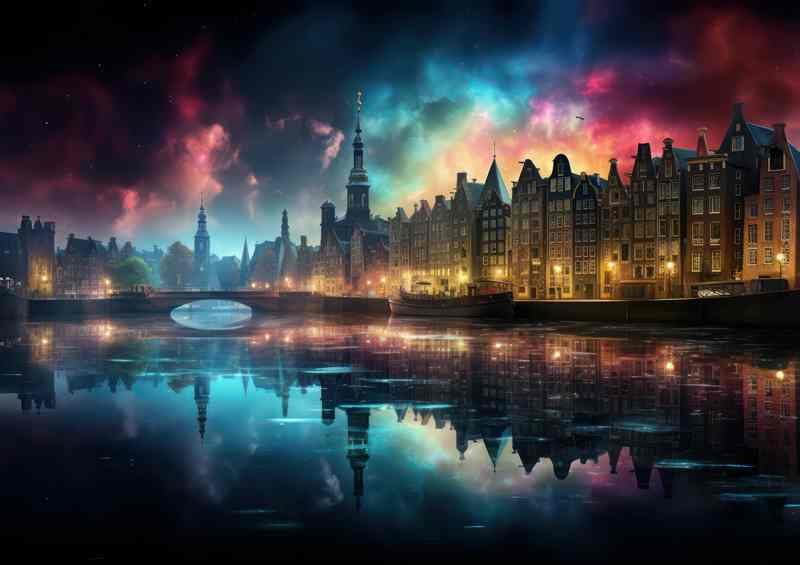 Amsterdam Skyline | Metal Poster (Night & Canal)