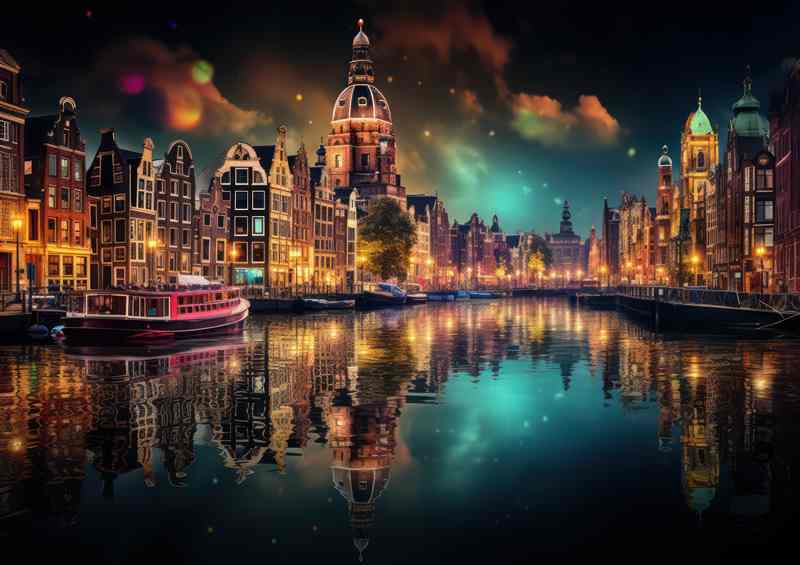 Amsterdam Night Canal Skyline | Metal Poster