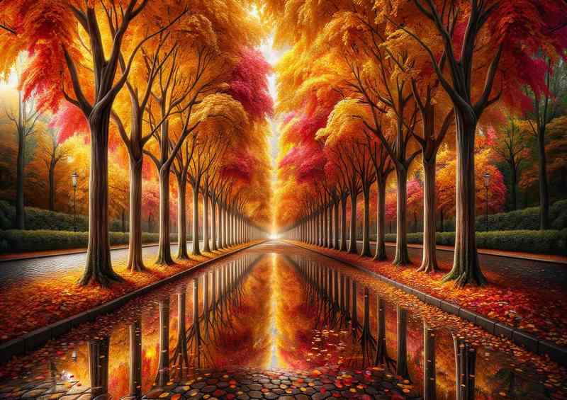 Falls Finery a treelined avenue in the heart of autumn | Metal Poster