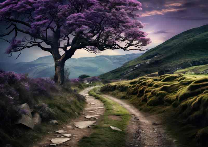 A Paath through the mountains with a purple tree | Metal Poster