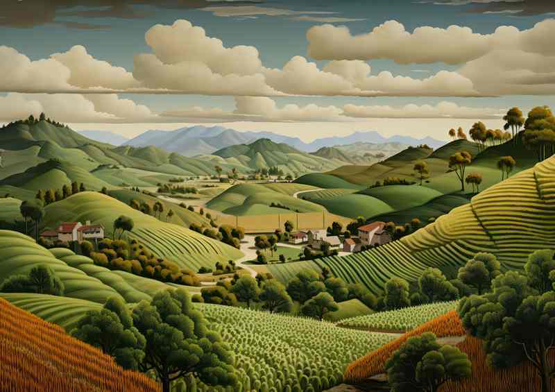 A View of the farm in the vally with green hils | Metal Poster