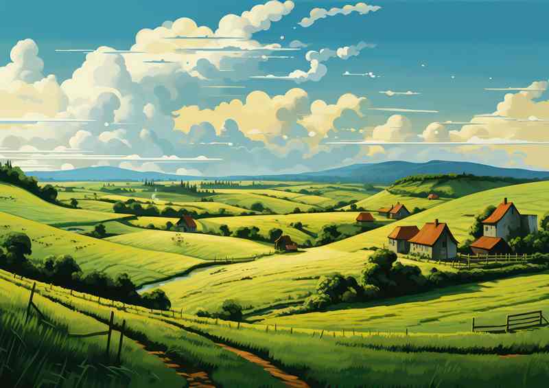 Idyllic view of the countryside with green grass | Metal Poster