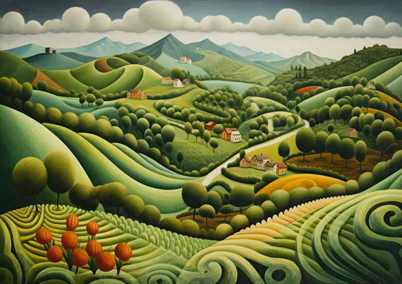 Lush Green Farm Lands in the Hills Metal Poster