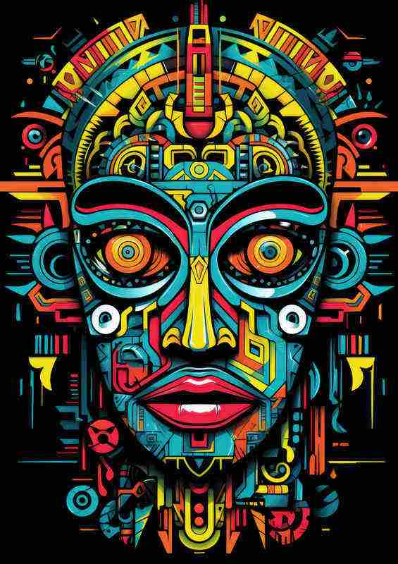 Art Aztec Mans face in a geometric style | Metal Poster