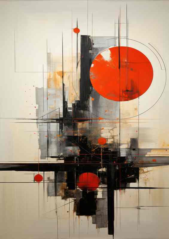 Painting Abstract a red ball and straight lines | Metal Poster