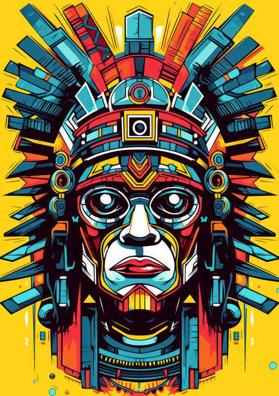 Aztec mans head face with a yellow background | Metal Poster