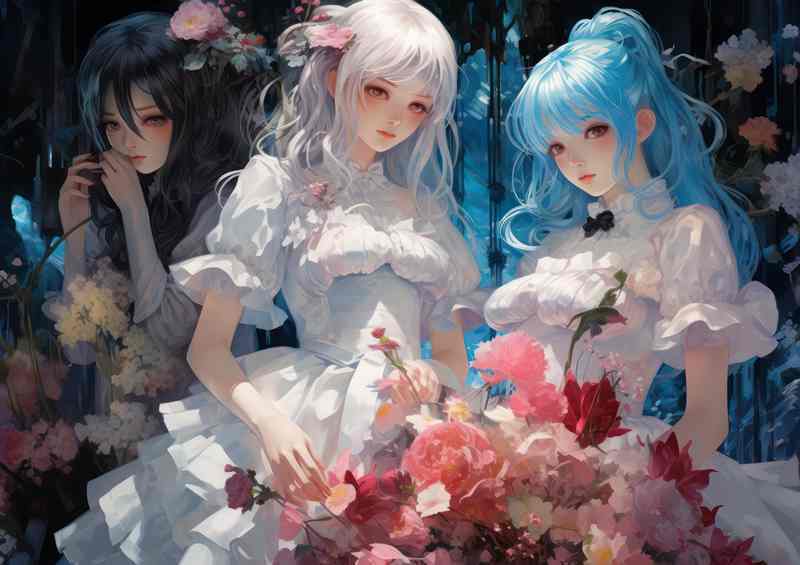 Anime girls in white dress surrounded by flowers | Metal Poster