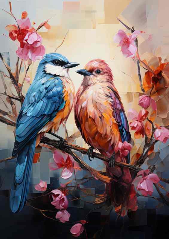Birds amazing colour pallet on a perch with flowers | Metal Poster