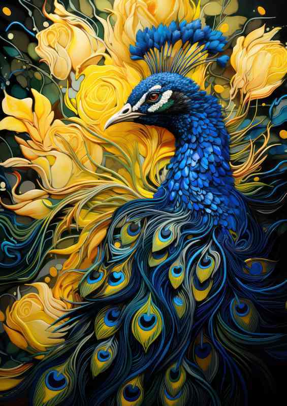 Blue Peacock surrounded by yellow flowers | Metal Poster