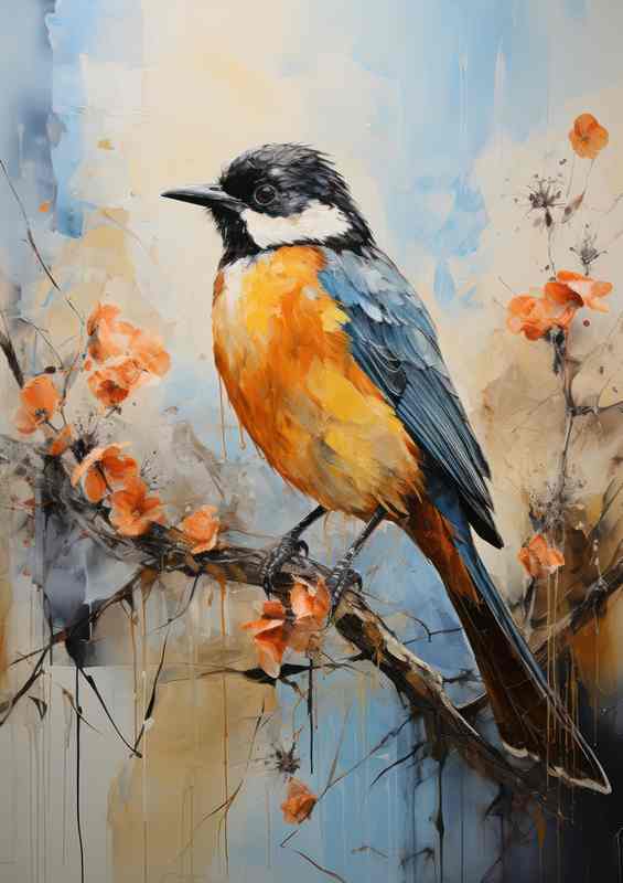 Blue tit on a perch with orange flowers | Metal Poster