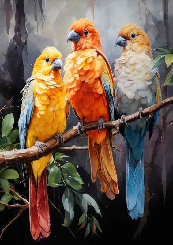 Colourful birds on a branch talking to each other | Metal Poster