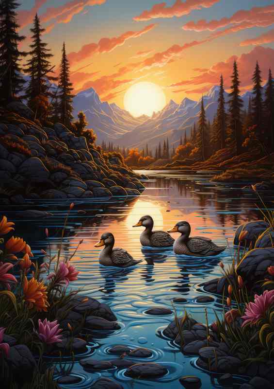 Ducklings in the mountains on the river side | Metal Poster