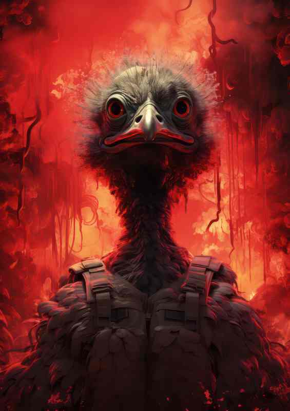 Emu flightless bird with red fire in the background | Metal Poster