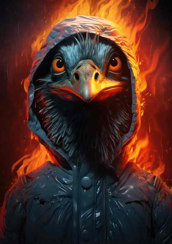 Emu in the hoodie with flames in the background | Metal Poster