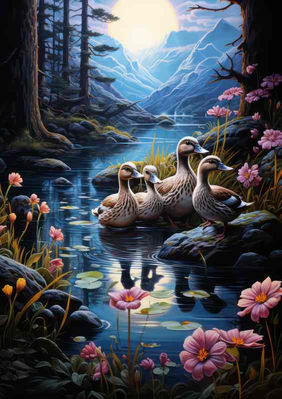 Family of Ducks In a woodland with mountains behind | Metal Poster