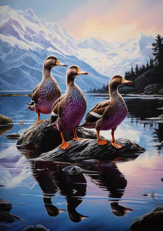 Feathered Visitors Ducks Gathering on Land | Metal Poster