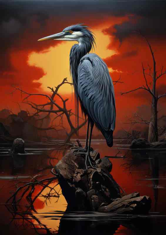 Heron at Dawn A Tranquil Morning Encounter | Metal Poster