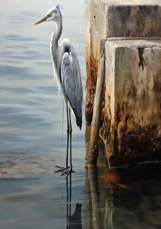 Heron on the pier waiting for its food | Metal Poster
