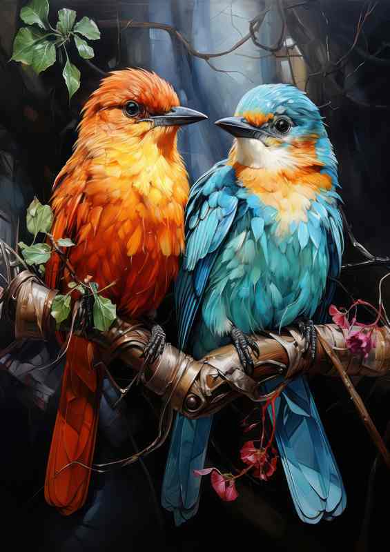 Love Birds on a branch looking at each other | Metal Poster