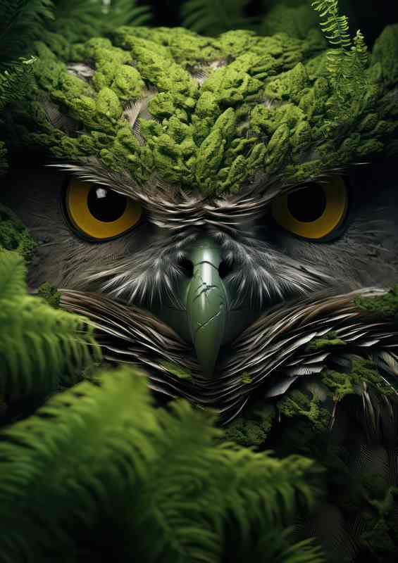 Owl with green moss hidden in the trees | Metal Poster