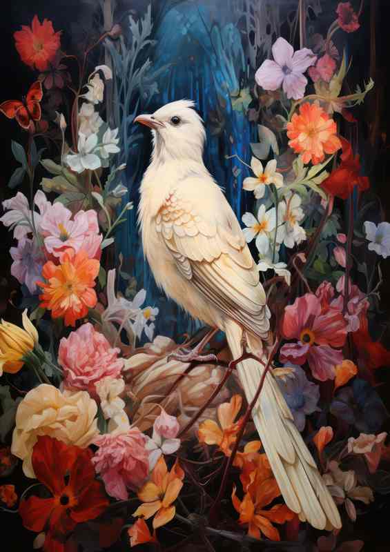 Painted dove art style embraced in flowers | Metal Poster