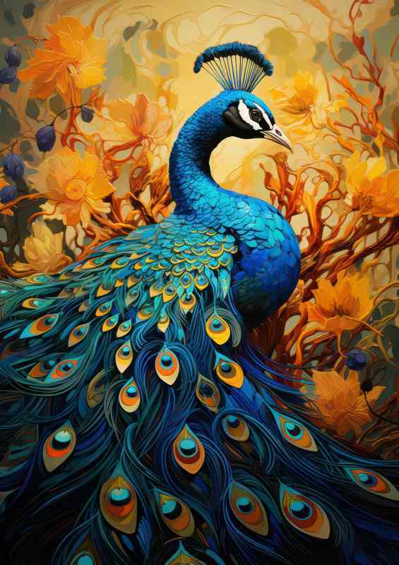Peacock and Flower Harmony Natures Colorful Symphony | Metal Poster