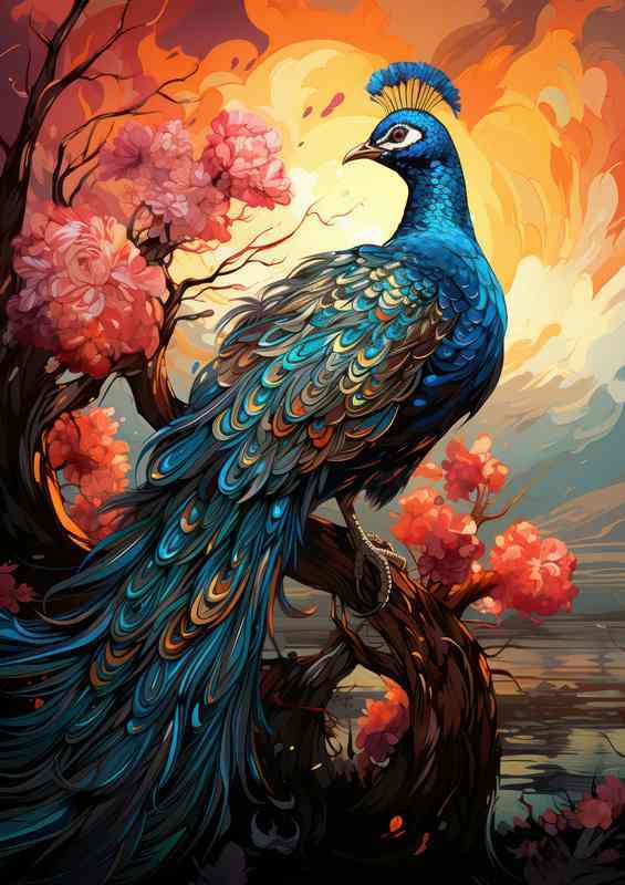 Peacock on Branch with Red Flowers Metal Poster