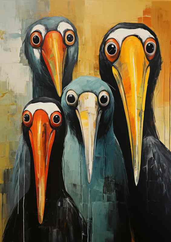Pelicans with a yellow background painted aart style | Metal Poster