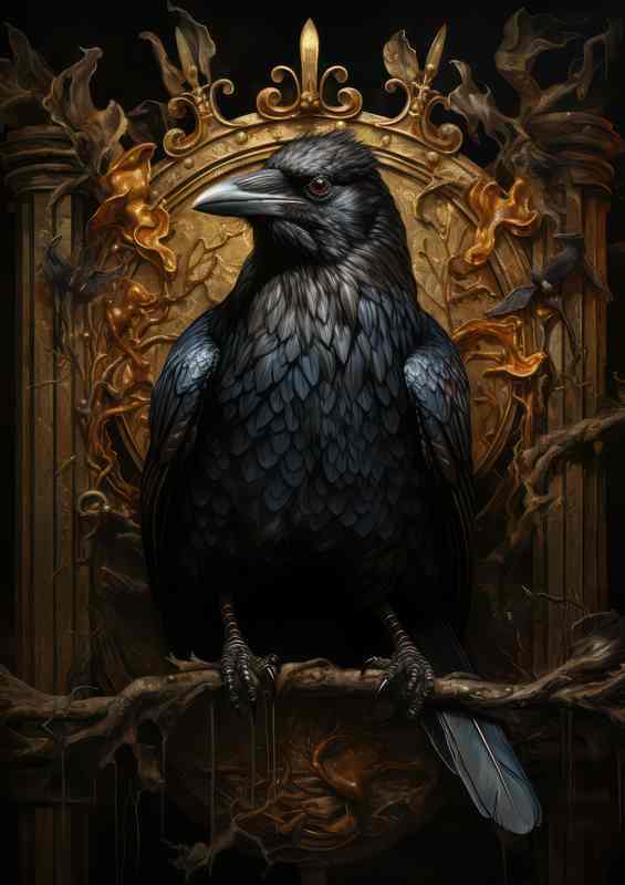 Raven on a throne perch | Metal Poster