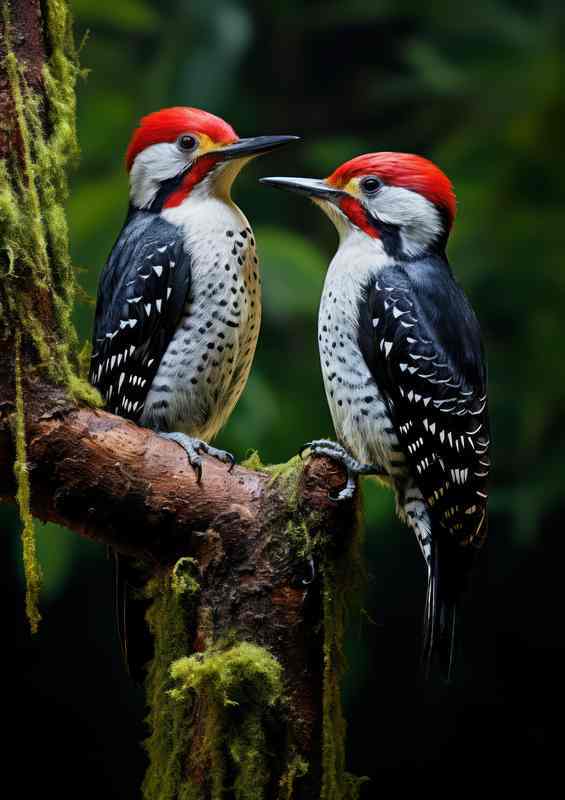 Spotted Woodpeckers on a branch in the woods | Metal Poster