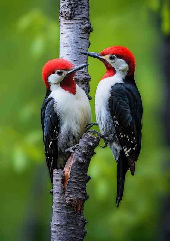 Spotted woodpeckers grooming eachother | Metal Poster