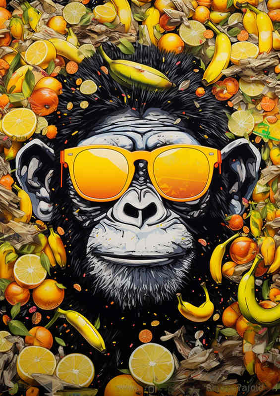 Monkey in sunglasses surrounded by fruit | Metal Poster