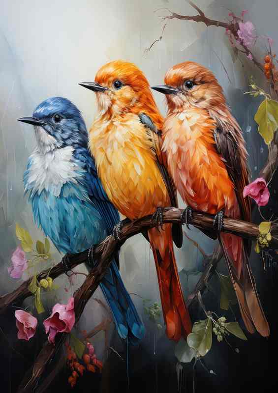 Three Birds amazing colours on a branch singing | Metal Poster