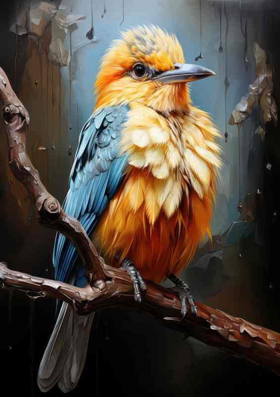 Yellow brested bird painted style on a perch | Metal Poster