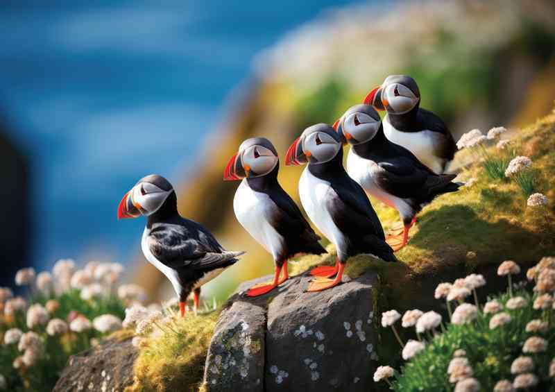 A group of puffins on the cliffs | Metal Poster