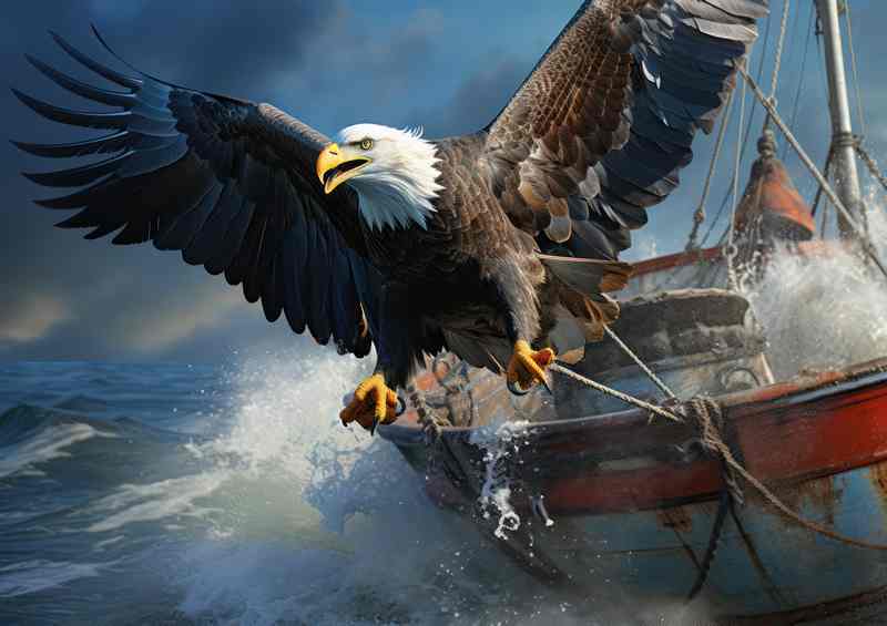 Bald Eagle at sea next to boat | Metal Poster