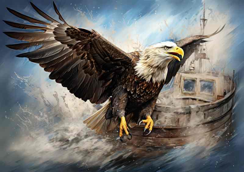 Bald Eagle soaring on a fishing boat | Metal Poster