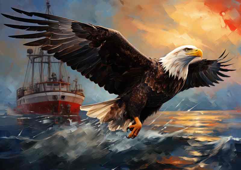 Bald Eaglel Looking for food next to the fishing boat | Metal Poster