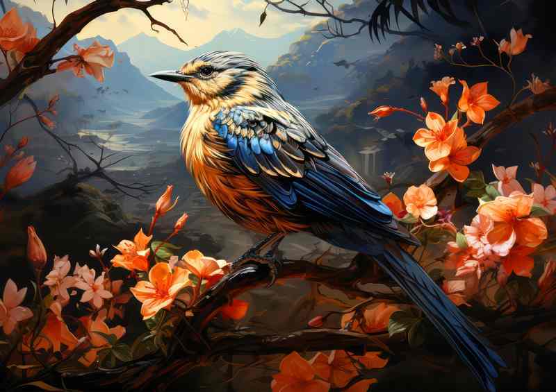 Bird overlooking the vally surrounded by flowers | Metal Poster
