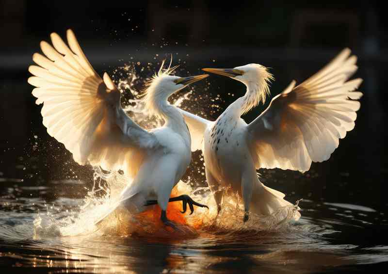 Birds Egrets fighting in the water full display | Metal Poster