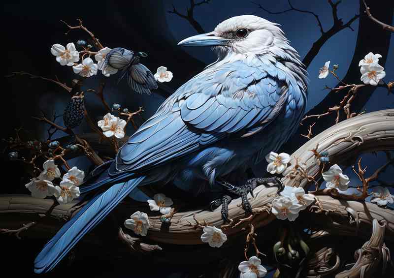 Blue and white bird on a perch with flowers | Metal Poster