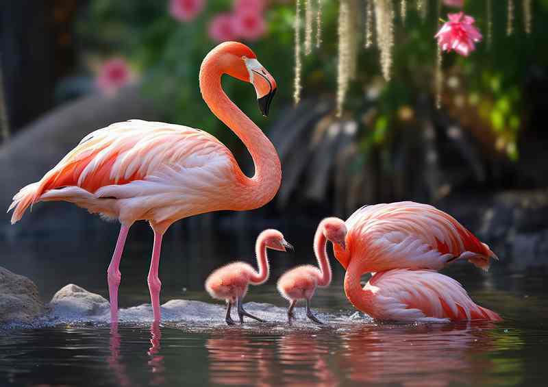 Flamingo family playing in the lake | Metal Poster